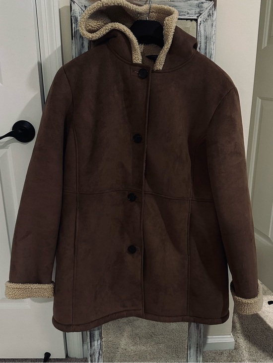 Lands' End Jackets & Blazers - Lands End Brown Hooded Shearling Coat